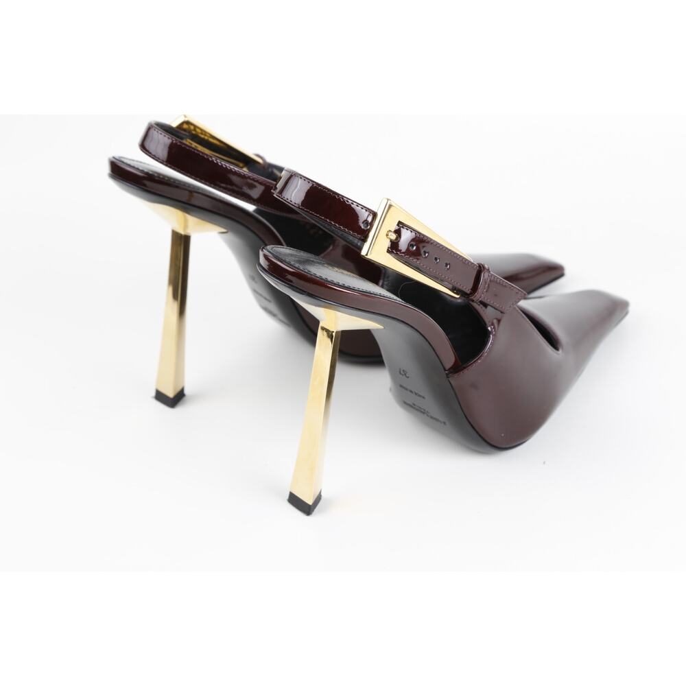 Saint Laurent Lee Burgundy Patent Leather Slingback Pointed Toe Heels Gold 37 - Picture 8 of 16